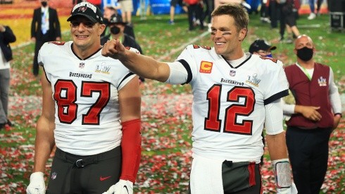 Rob Gronkowski and Tom Brady after winning Super Bowl LV. (Getty)