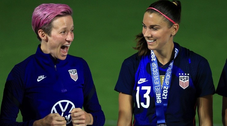 Megan Rapinoe (left) and Alex Morgan (right) of the United States celebrate winning the 2021 SheBelieves Cup. (Getty)