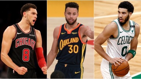 Zach LaVine (left) of the Chicago Bulls, Stephen Curry (centre) of the Golden State Warriors, and  Jayson Tatum (right) of the Boston Celtics. (Getty)