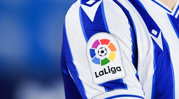 A La Liga badge is seen on a Real Sociedad jersey. (Getty)