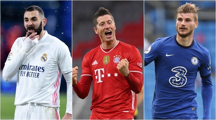 Karim Benzema of Real Madrid (left), Robert Lewandowski of Bayern (centre), and Timo Werner of Chelsea (right). (Getty)