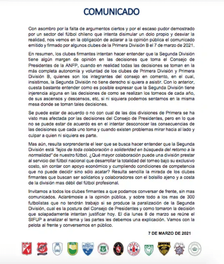 Comunicado de Segunda División en Chile