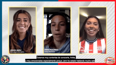 Muñoz y Masciarelli sostienen divertida plática con Rodríguez, de PSV, por el Día de la mujer