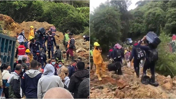 Insólito: jugadores del Deportivo Pasto tuvieron que pasar a pie un derrumbe