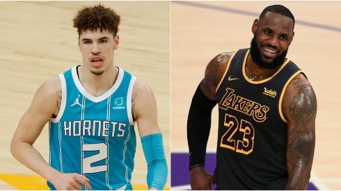 LaMelo Ball (left) of the Charlotte Hornets and LeBron James (right) of the Los Angeles Lakers. (Getty)