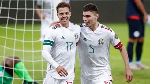 Sebastián Córdova of México (left) celebrates with his teammate after scoring against Dominican Republic in a match for the Concacaf Men's Olympic Qualifying Championship 2021 (Getty).