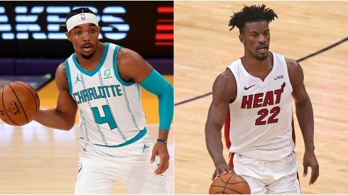 Devonte' Graham (left) of the Charlotte Hornets and Jimmy Butler (right) of the Miami Heat.