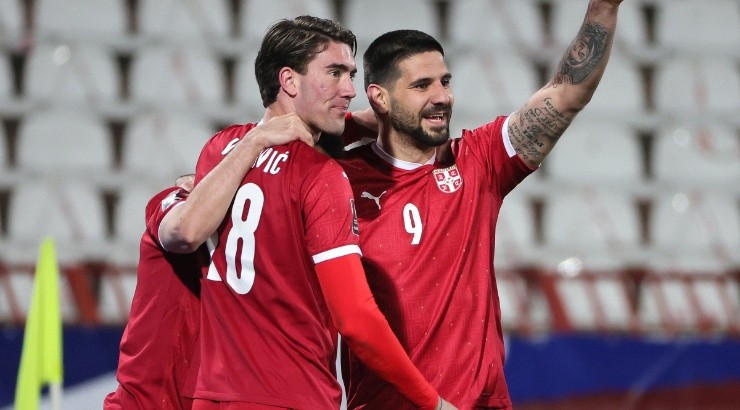Aleksandar Mitrovic (right) of Serbia celebrates with Dusan Vlahovic (left) against the Republic of Ireland. (Getty)