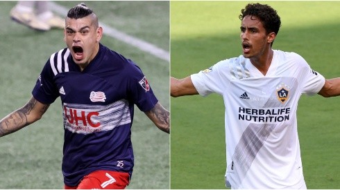 Gustavo Bou (left) of New England Revolution and Ethan Zubak (right) of Los Angeles Galaxy.