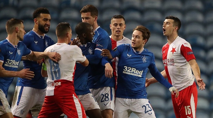 Rangers players clash with Slavia Prague players. (Getty)