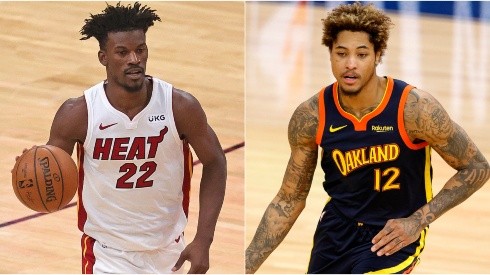 Jimmy Butler of the Miami Heat (left) and Kelly Oubre Jr. of the Golden State Warriors (right).