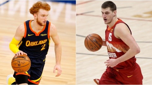Nico Mannion (left) of the Golden State Warriors and Nikola Jokic (right) of the Denver Nuggets.