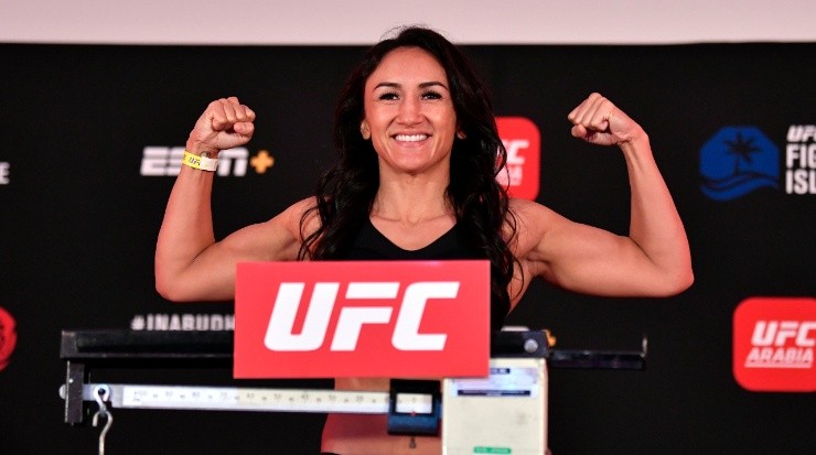 In this handout image provided by UFC, Carla Esparza poses on the scale during the UFC Fight Night weigh-in (Getty)