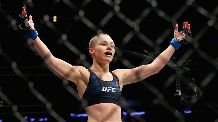 Rose Namajunas celebrates her victory over Joanna Jedrzejczyk of Poland in their UFC women&#039;s strawweight championship bout (Getty)