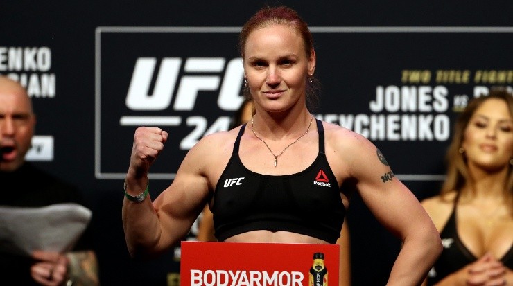 Valentina Shevchenko poses on the scale during the UFC 247 ceremonial weigh-in (Getty)