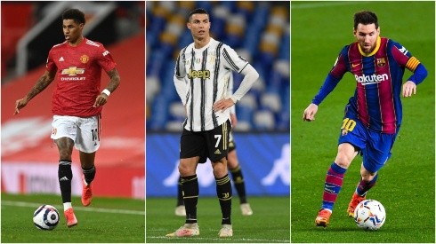 Marcus Rashford (left), Cristiano Ronaldo (Middle) & Lionel Messi. (Getty)