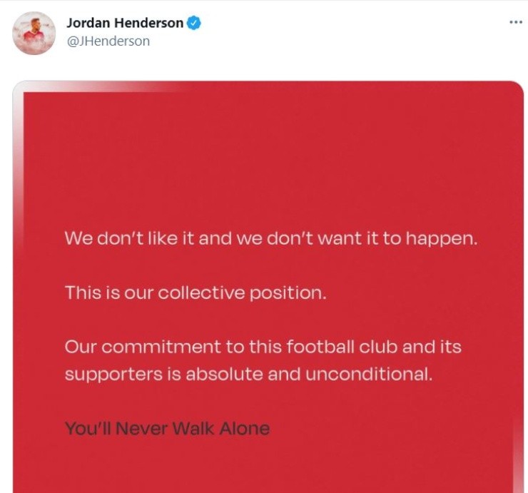Tweet from Jordan Henderson, Liverpool&#039;s captain (Getty).