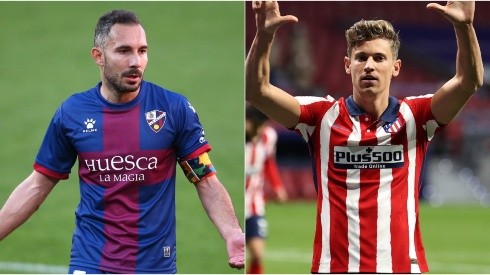David Ferreiro of Huesca (left) and Marcos Llorente of Atletico Madrid  (right). (Getty)