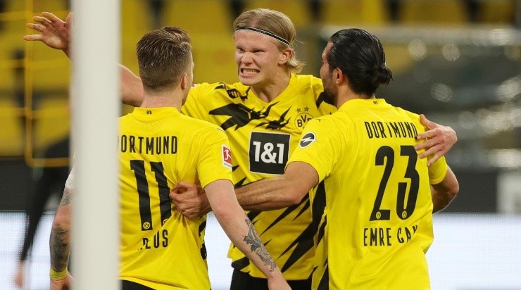 Marco Reus of Borussia Dortmund celebrates with Erling Haaland and Emre Can after scoring their side’s first goal during the Bundesliga match between Borussia Dortmund and 1. FC Union Berlin (Getty)