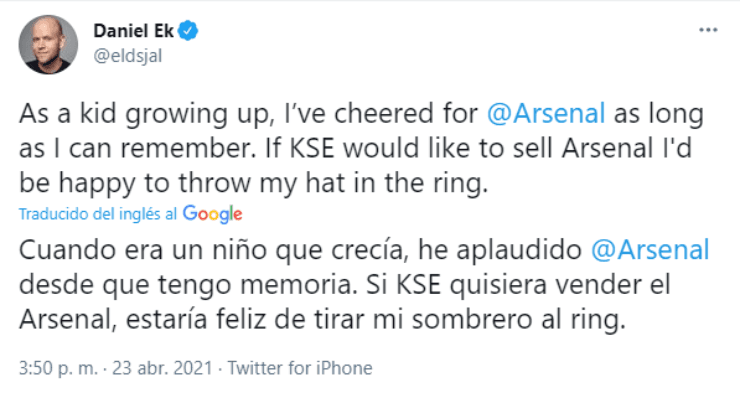 Daniel Ek, de Spotify, compraría al Arsenal