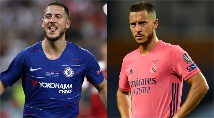 Eden Hazard at Chelsea (left) and Eden Hazard at Real Madrid (right). (Getty)