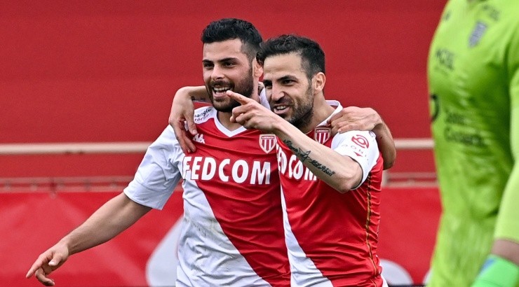 Cesc Fabregas (right) of Monaco celebrates with a teammate after a goal. (Ligue 1)
