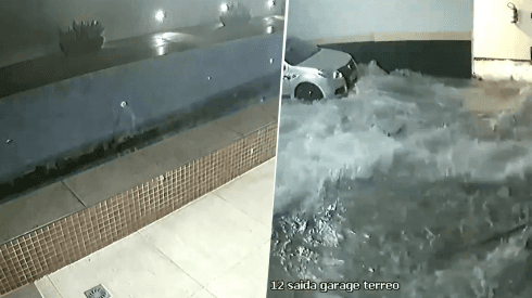 Video viral: una pileta se desfondó e inundó el estacionamiento de un edificio
