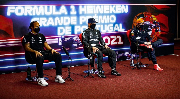Lewis Hamilton of Mercedes GP (left), Valtteri Bottas of Mercedes (center), and Max Verstappen of Red Bull (right). (Getty)