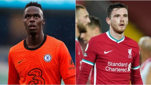 Edouard Mendy of Chelsea (left) and Andrew Robertson of Liverpool (right). (Getty)