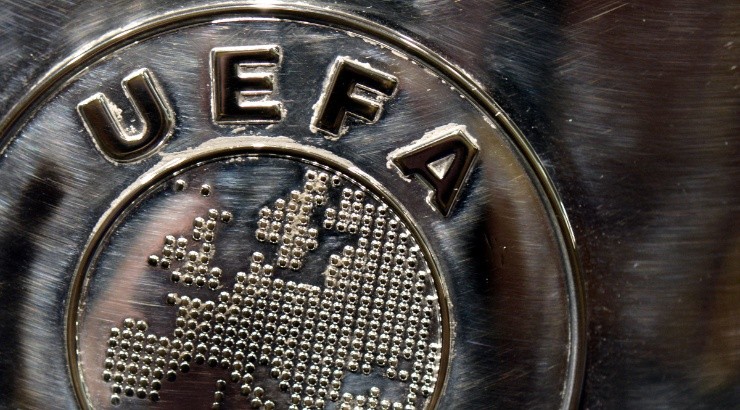 The UEFA logo is seen on the UEFA Champions League trophy. (Getty)