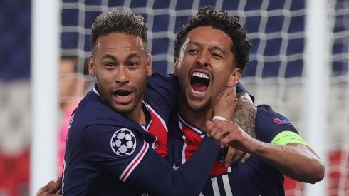 Marquinhos (right) of Paris Saint-Germain celebrates with Neymar (left). (Getty)