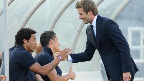 Marcelo y David Beckham durante un amistoso entre Real Madrid y LA Galaxy en USA.