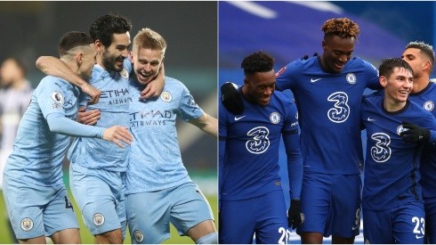 Manchester City players (left) and Chelsea players (right). (Getty)