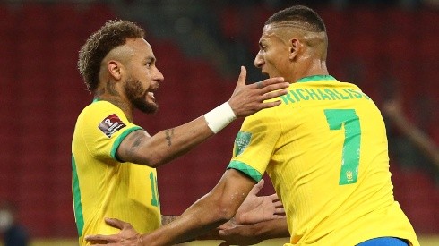 Neymar (left) and Richarlison (right) celebrating in Brazil's win over Ecuador (Getty).