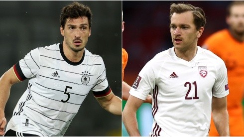 Mats Hummels of Germany (left) and Kriss Karklins of Latvia (right). (Getty)