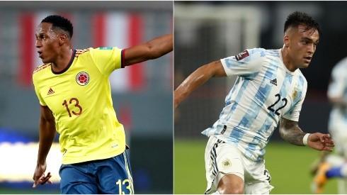 Yerry Mina of Colombia (left) and Lautaro Martínez of Argentina (Getty).