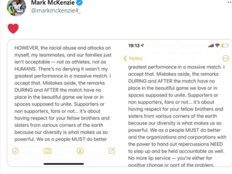 Mark McKenzie’s Tweet. (Twitter)