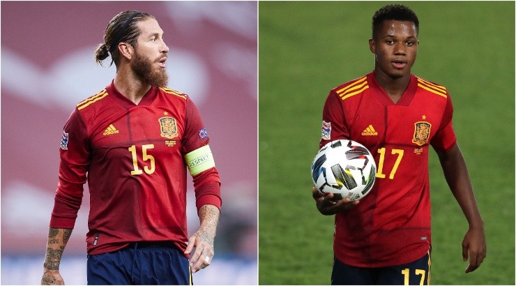 Sergio Ramos (left) and Ansu Fati (right) of Spain. (Getty)