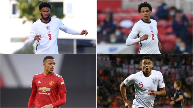 Joe Gomez (top left), Trent Alexander-Arnold (top right), Mason Greenwood (bottom left), Jesse Lingard (bottom right) of England. (Getty)