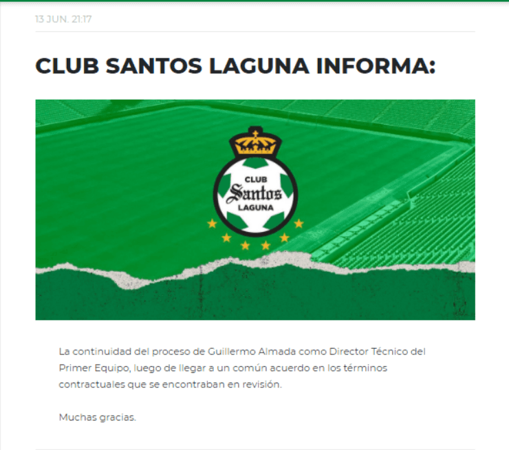 Santos Laguna comunicado Guillermo Almada