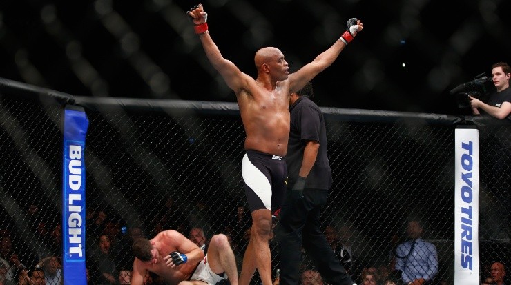 Anderson Silva of Brazil starts to celebrate his victory believing that he had knocked out Michael Bisping