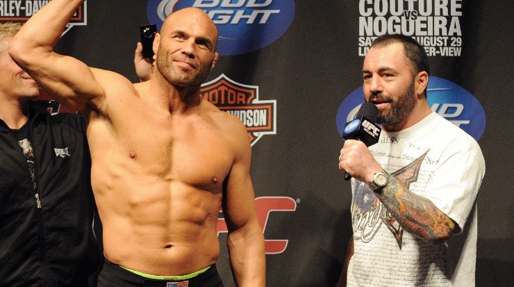 UFC heavyweight fighter Randy Couture (L) is interviewed by UFC commentator Joe Rogan (Getty)