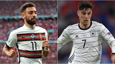 Bruno Fernandes of Portugal (left) and Kai Havertz of Germany (right). (Getty)
