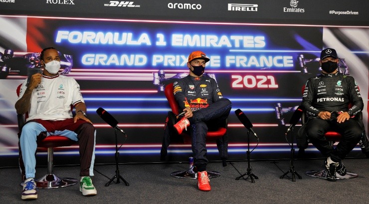 Lewis Hamilton (left), Max Verstappen (center), and Valtteri Bottas (right). (Getty)