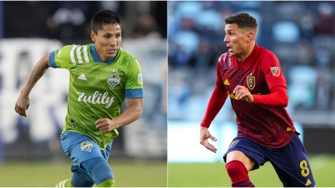 Raúl Ruidíaz of Seattle Sounders (left) and Damir Kreilach of Real Salt Lake (right). (Getty)