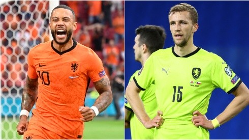 Memphis Depay of Netherlands (left) and Tomas Soucek of the Czech Republic (right). (Getty)