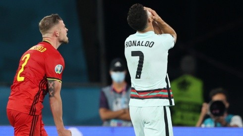 Cristiano Ronaldo of Portugal (right) looks dejected after defeat to Belgium. (Getty)