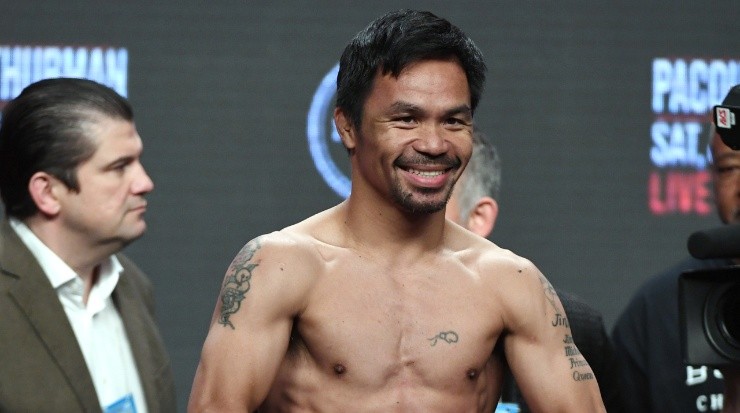 Manny Pacquiao during the official weigh-in before the fight vs Keith Thurman in 2019. (Getty)