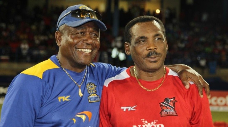 Desmond Haynes and Gordon Greenidge during the Fourteenth Match of the Cricket Caribbean Premier League between Trinidad and Tobago Red Steel v Antigua Hawksbills (Getty)