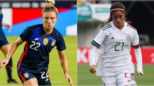 Kristie Mewis of the USWNT (left) and Joseline Montoya of Mexico (right). (Getty)